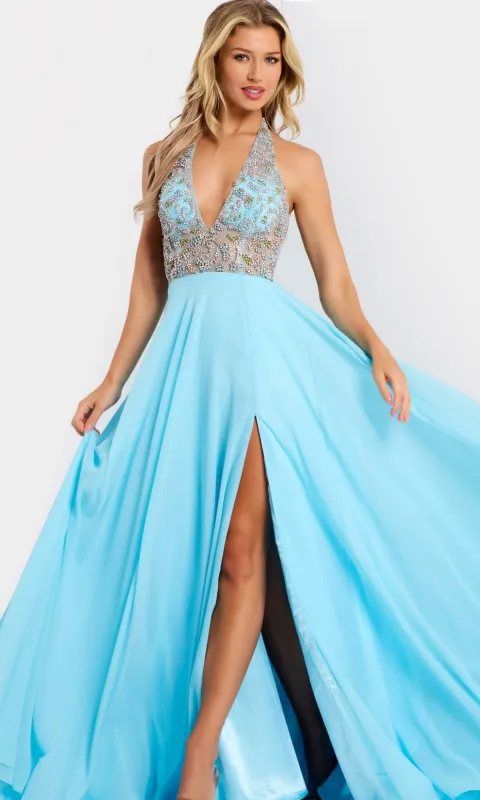 Sheer Beaded-Halter Long Prom Dress: Jovani 48300 sold by PromGirl