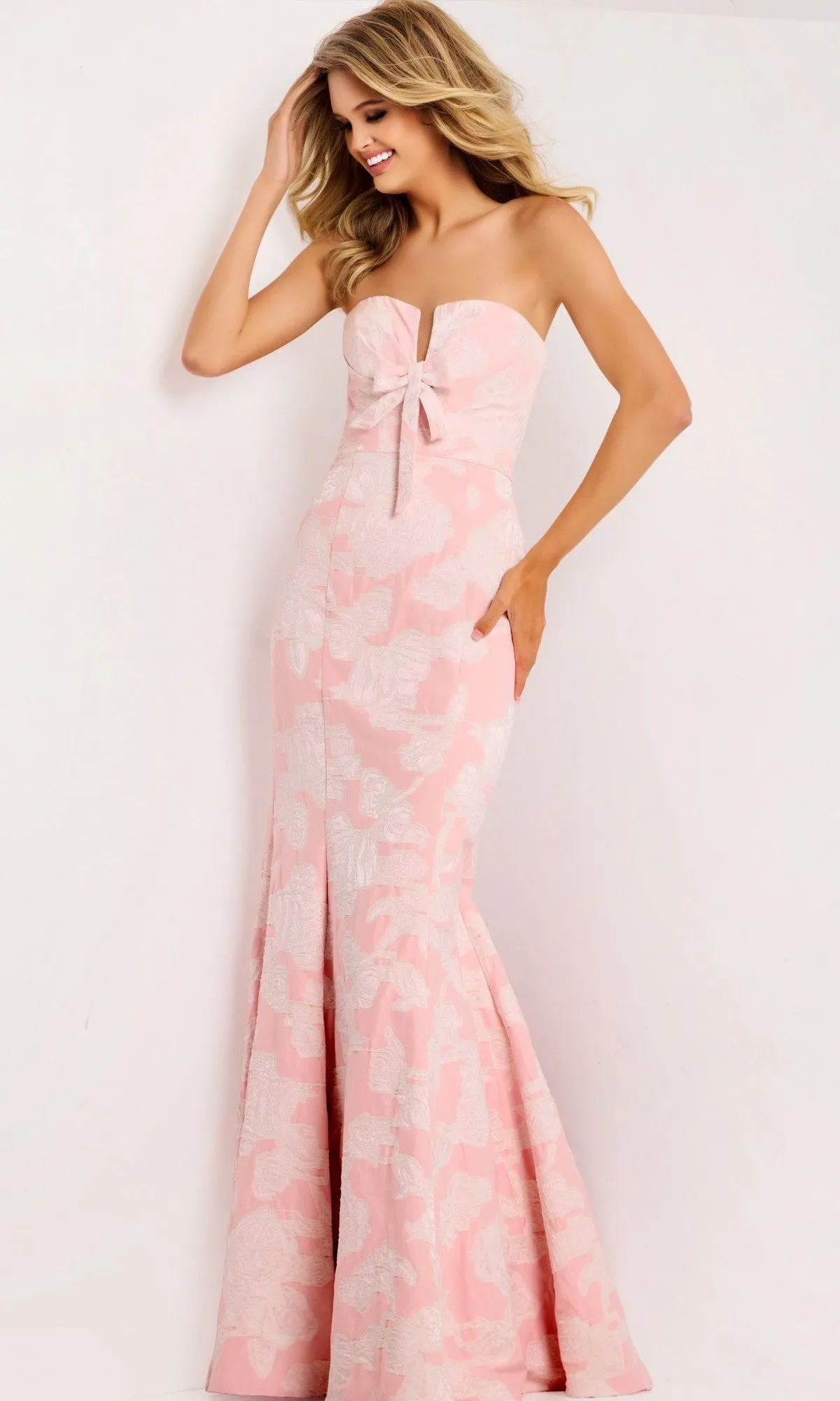 Strapless Long Pink Print Prom Dress: Jovani 48260 sold by PromGirl