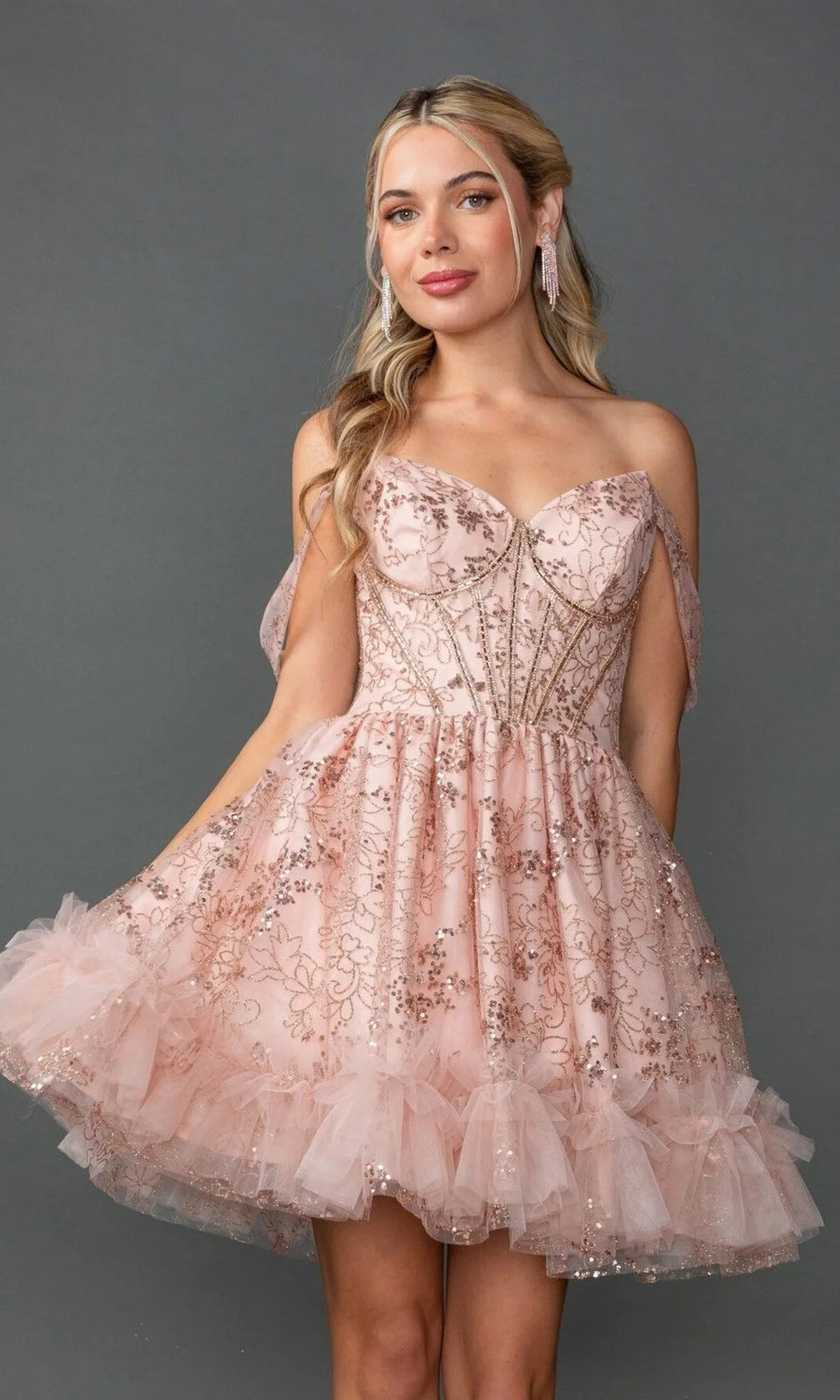 Short Rose Gold Prom Dress: Dancing Queen 3422 sold by PromGirl