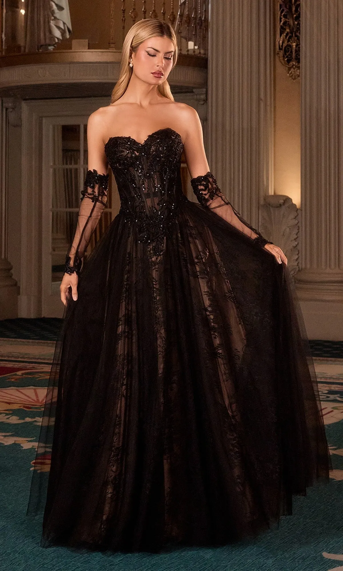 Strapless Black Beaded Prom Gown: Ladivine CD717 sold by PromGirl