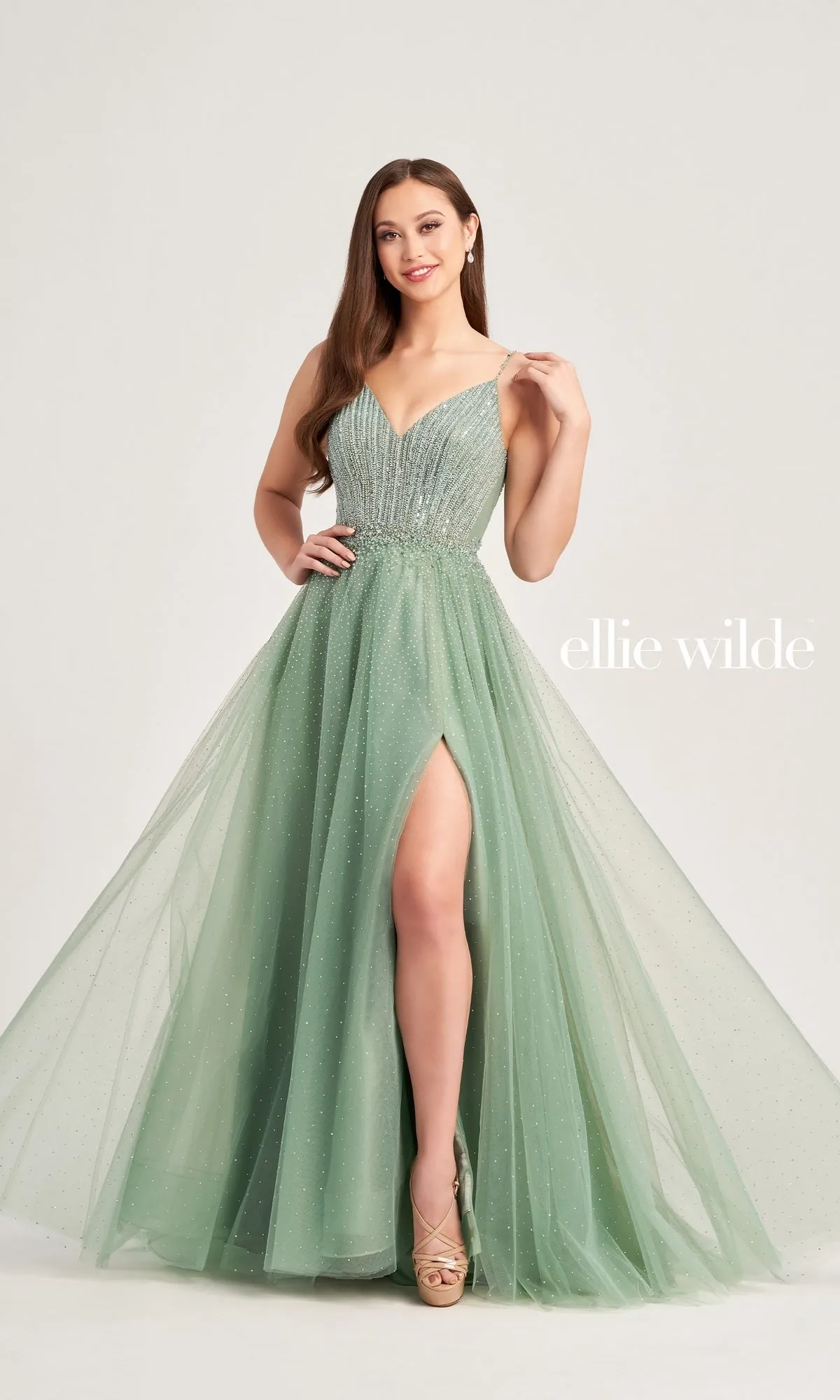 Ellie Wilde Light Green Prom Ball Gown EW35088 sold by PromGirl