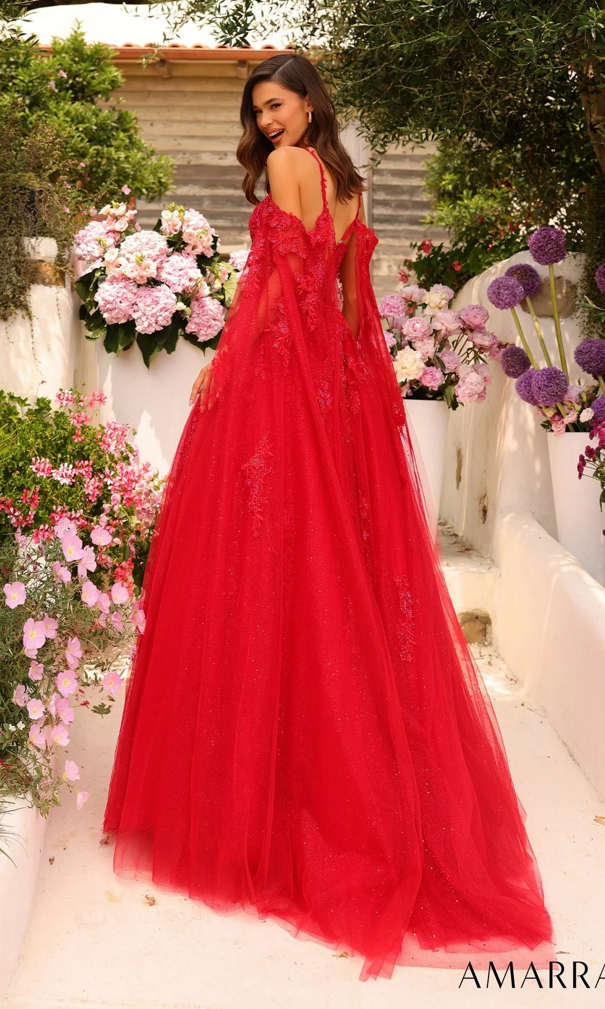 Amarra Cape-Sleeved Long Red Prom Dress 88743 sold by PromGirl product image thumbnail 2