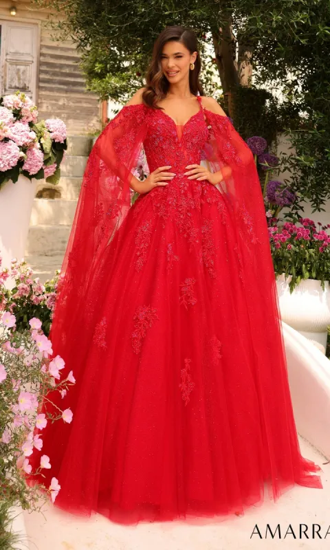 Amarra Cape-Sleeved Long Red Prom Dress 88743 sold by PromGirl