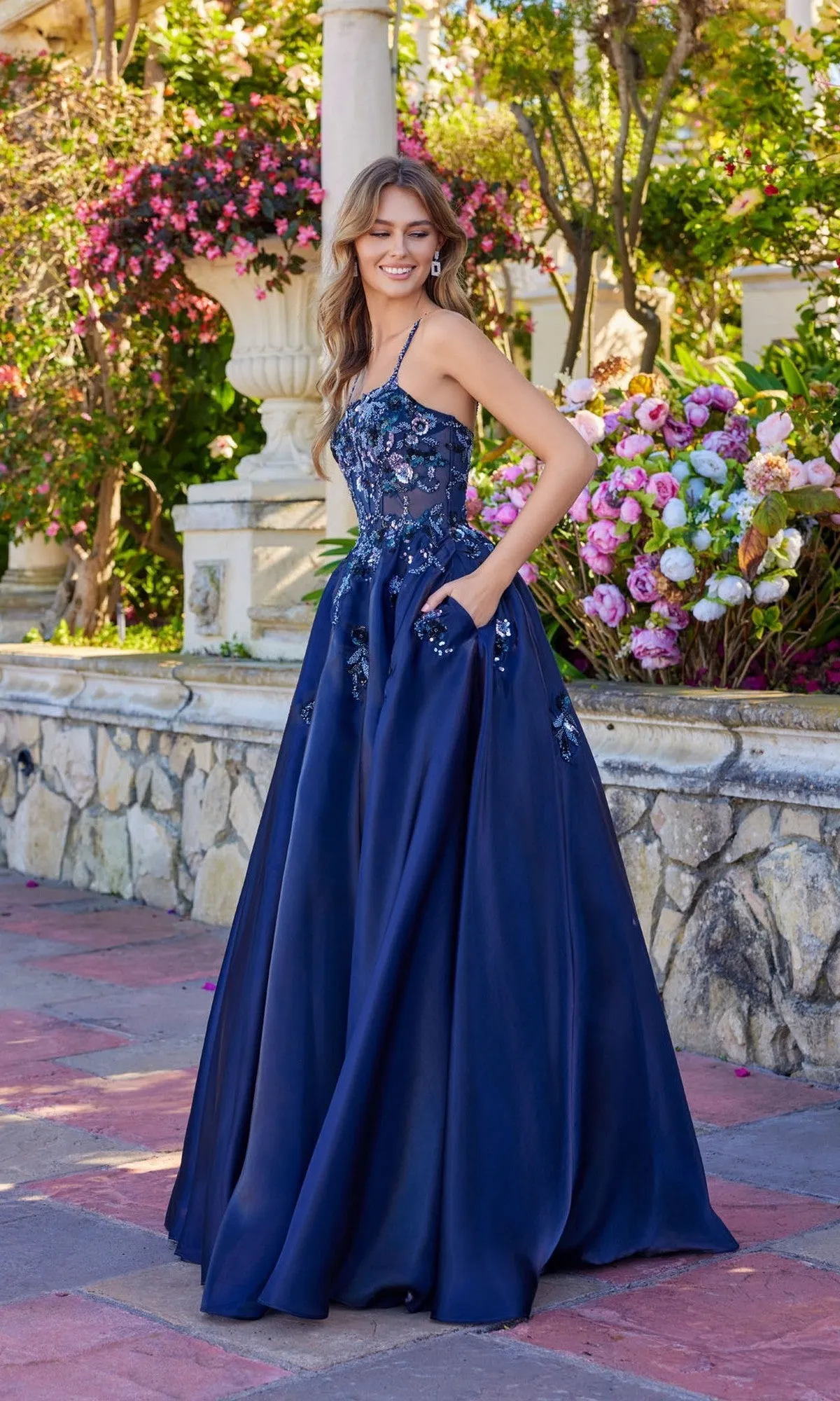 Floral-Beaded Lace-Up Prom Gown: Juliet JT2617U sold by PromGirl