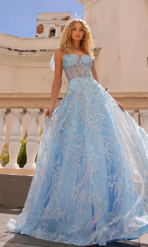 Sequin Long Prom Ball Gown with Shoulder Bows T1336 sold by PromGirl