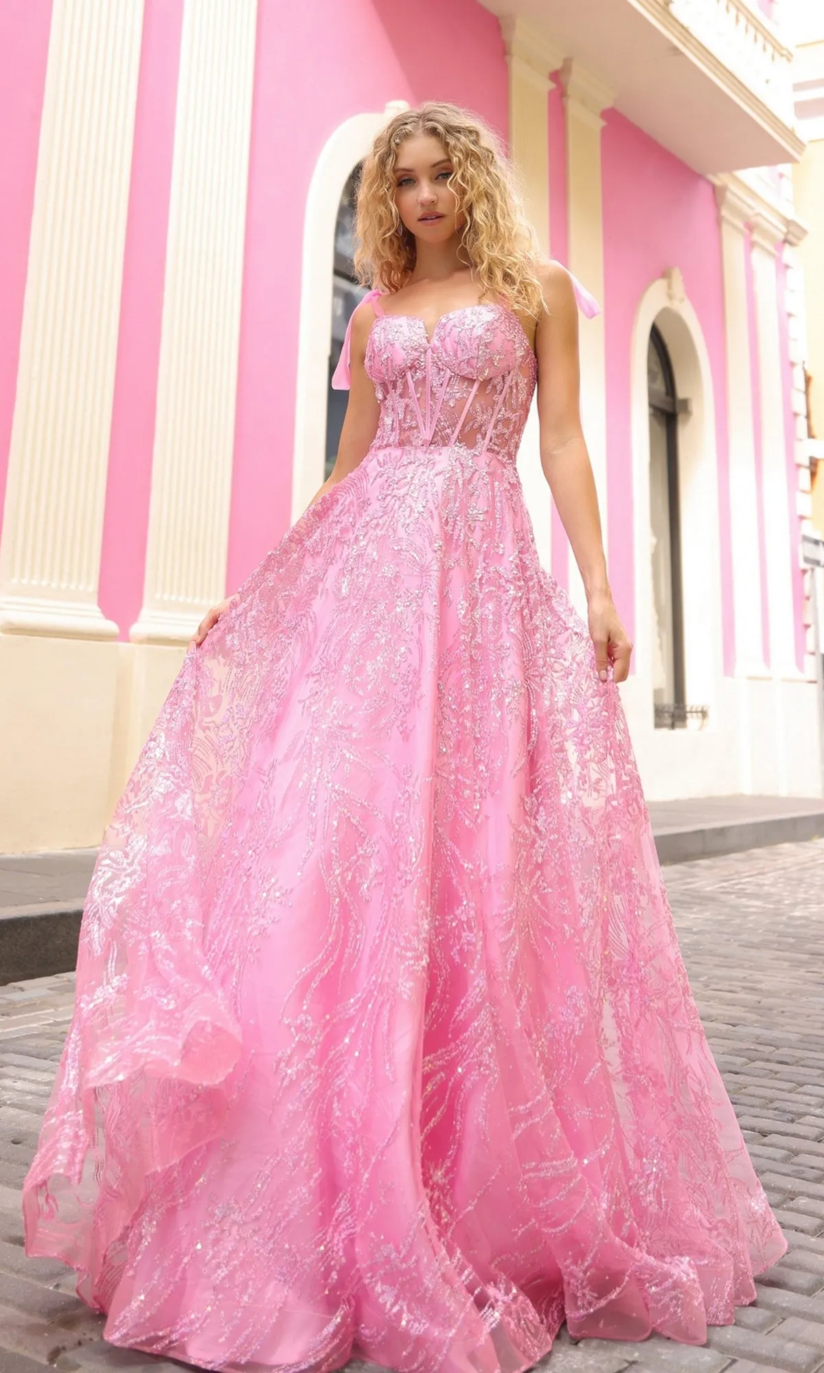 Sequin Long Prom Ball Gown with Shoulder Bows T1336 sold by PromGirl product image thumbnail 3