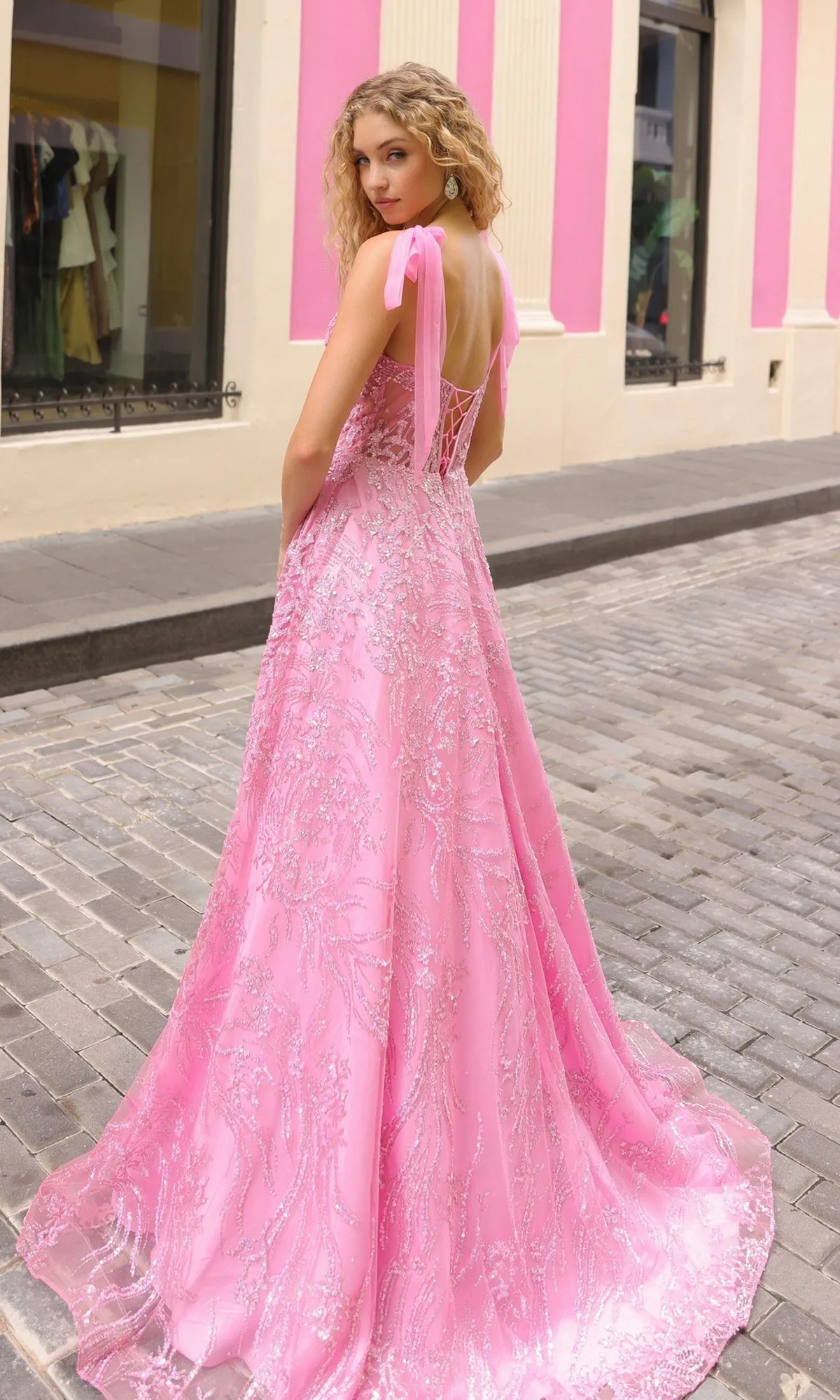 Sequin Long Prom Ball Gown with Shoulder Bows T1336 sold by PromGirl product image thumbnail 4