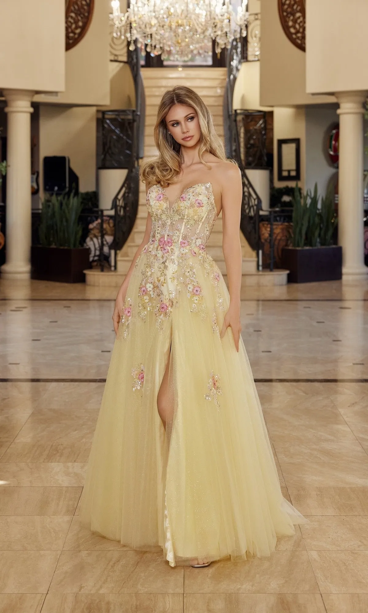 Strapless Floral Prom Ball Gown: Nox Anabel Q1773 sold by PromGirl