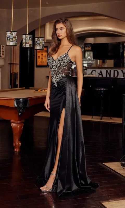 Side-Sash Long Satin Prom Dress: Nox Anabel C1852 made by PromGirl