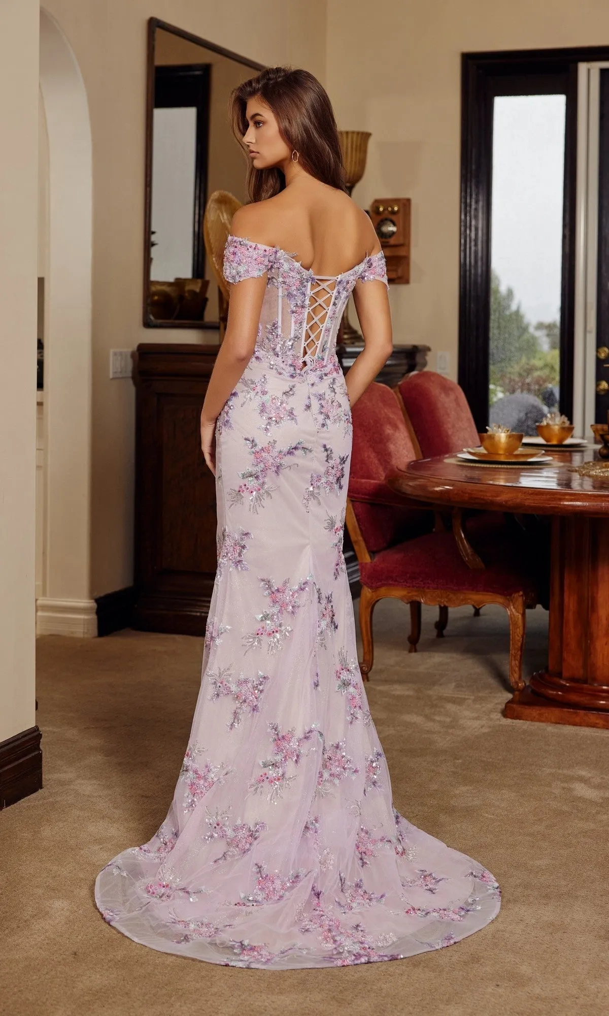 Off-Shoulder Floral Prom Gown: Nox Anabel C1829 sold by PromGirl product image thumbnail 2