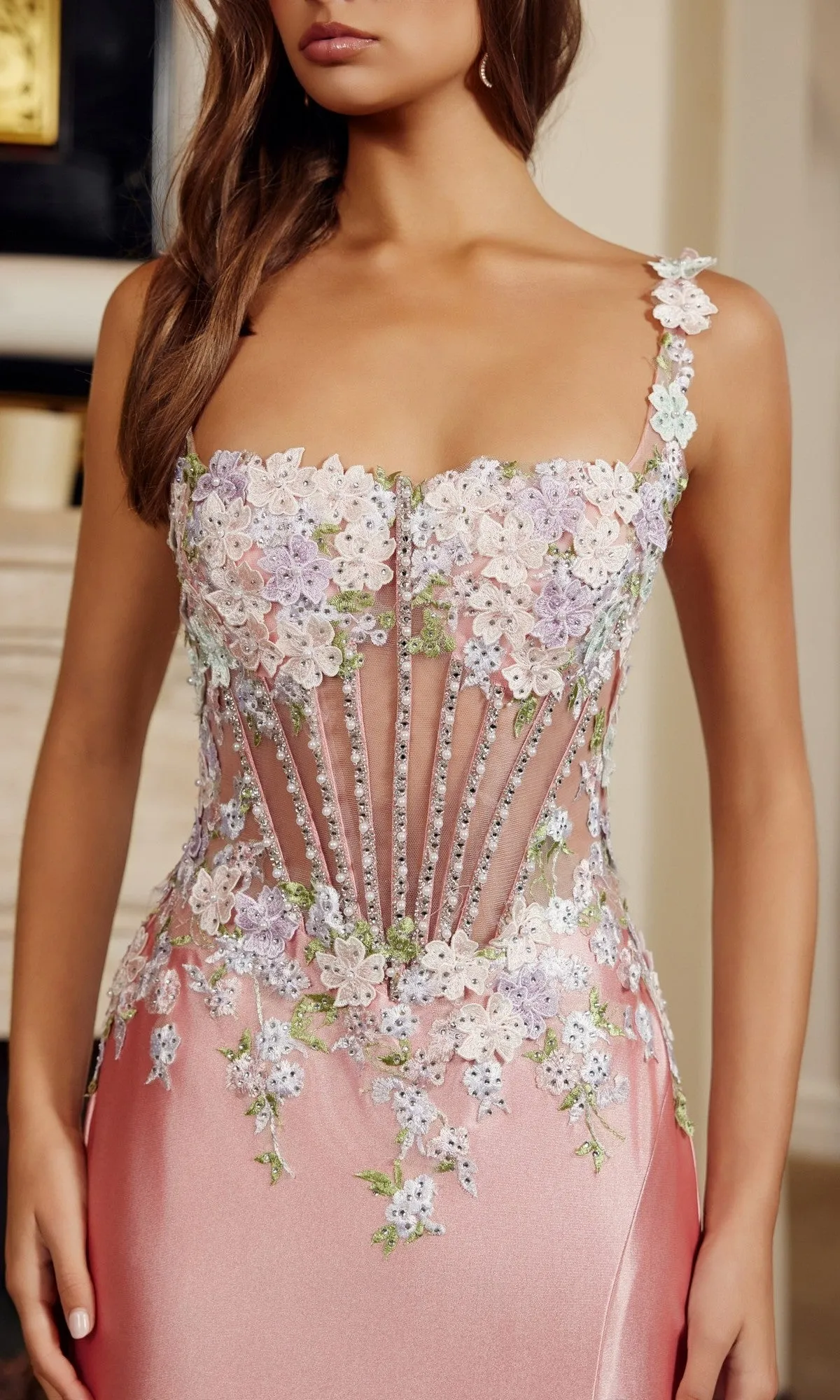 Floral-Corset Long Prom Dress: Nox Anabel M1755 sold by PromGirl product image thumbnail 4
