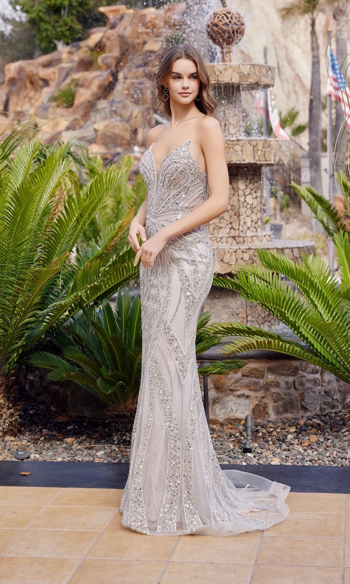 Strapless Long Silver Prom Dress: Nox Anabel C1833 sold by PromGirl