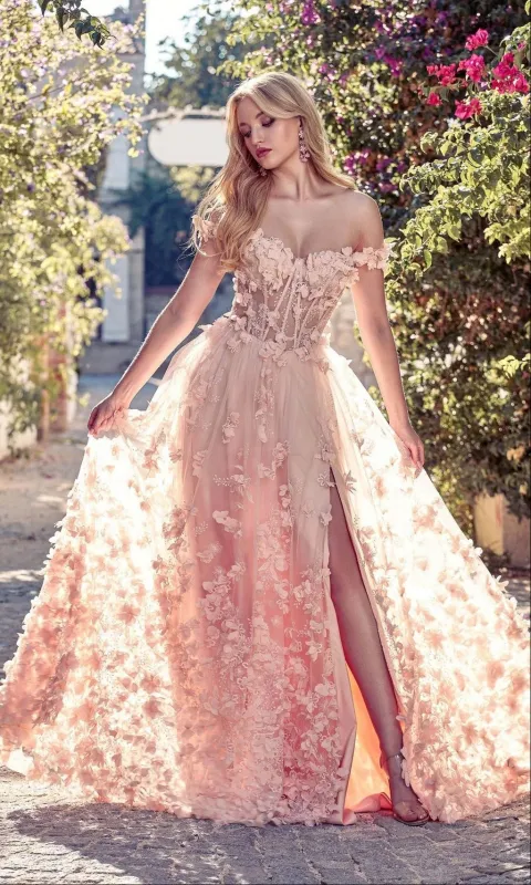 Off-Shoulder Long Floral Dress: Alyce 61308 sold by PromGirl