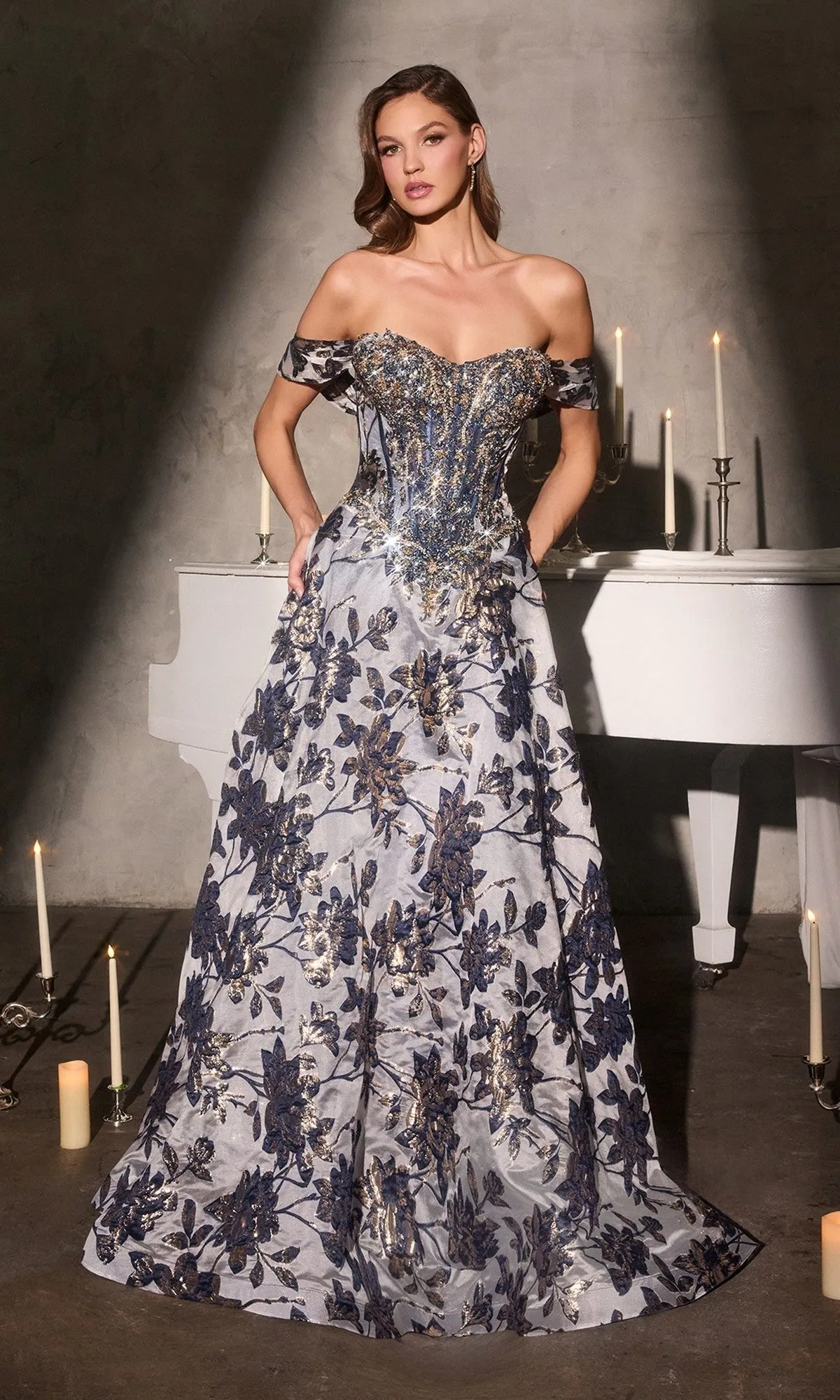 Metallic Floral-Print Prom Gown: Ladivine CD682 sold by PromGirl product image thumbnail 3