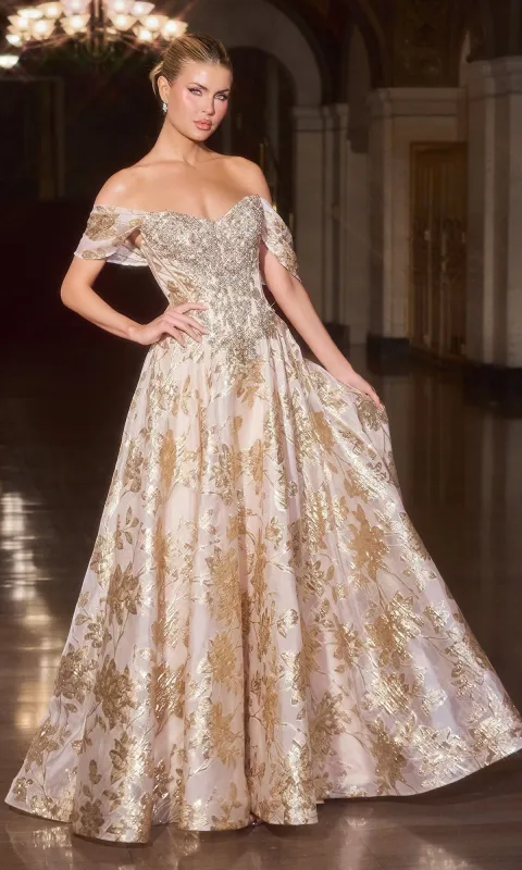 Metallic Floral-Print Prom Gown: Ladivine CD682 made by PromGirl