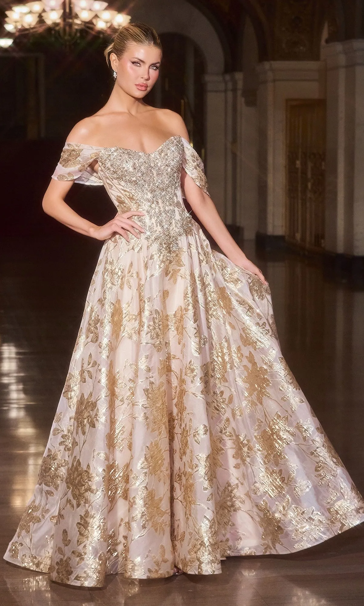 Metallic Floral-Print Prom Gown: Ladivine CD682 sold by PromGirl