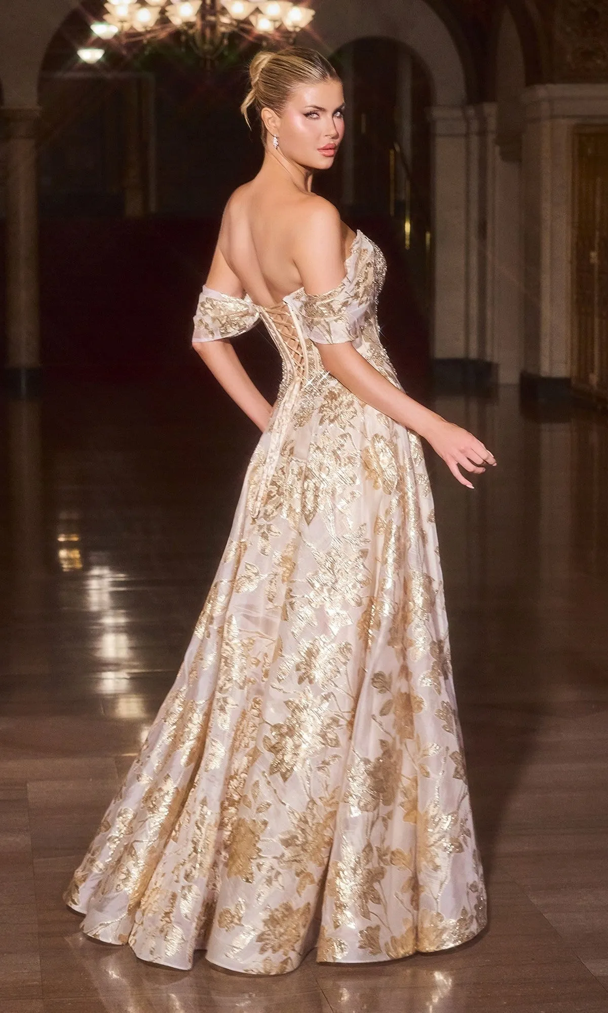 Metallic Floral-Print Prom Gown: Ladivine CD682 sold by PromGirl product image thumbnail 2