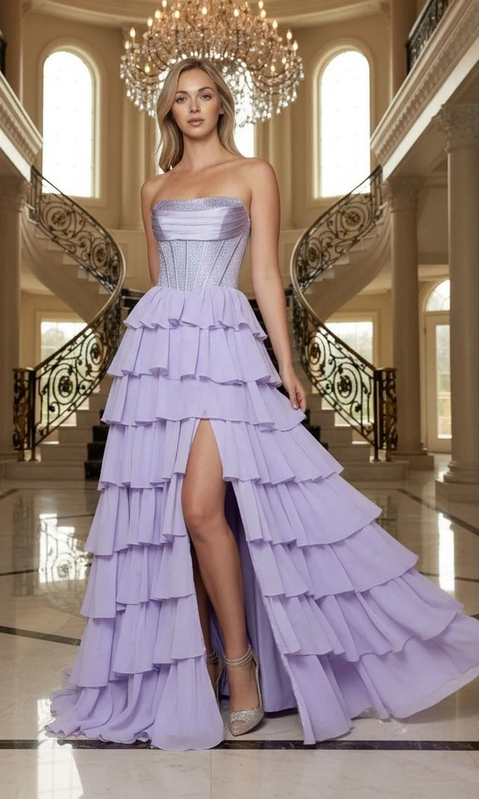 Strapless Long Ruffle Prom Dress: Poly USA 25168 sold by PromGirl