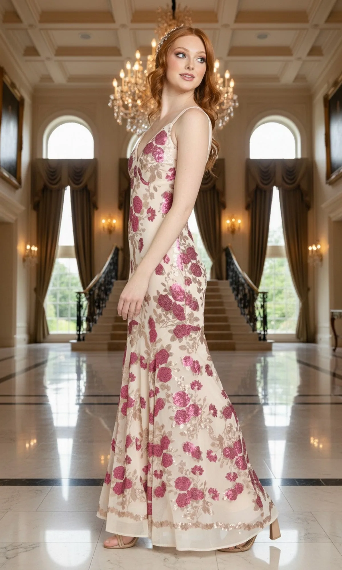 Sequin-Floral Long Prom Dress: Morgan 19199 sold by PromGirl product image thumbnail 4