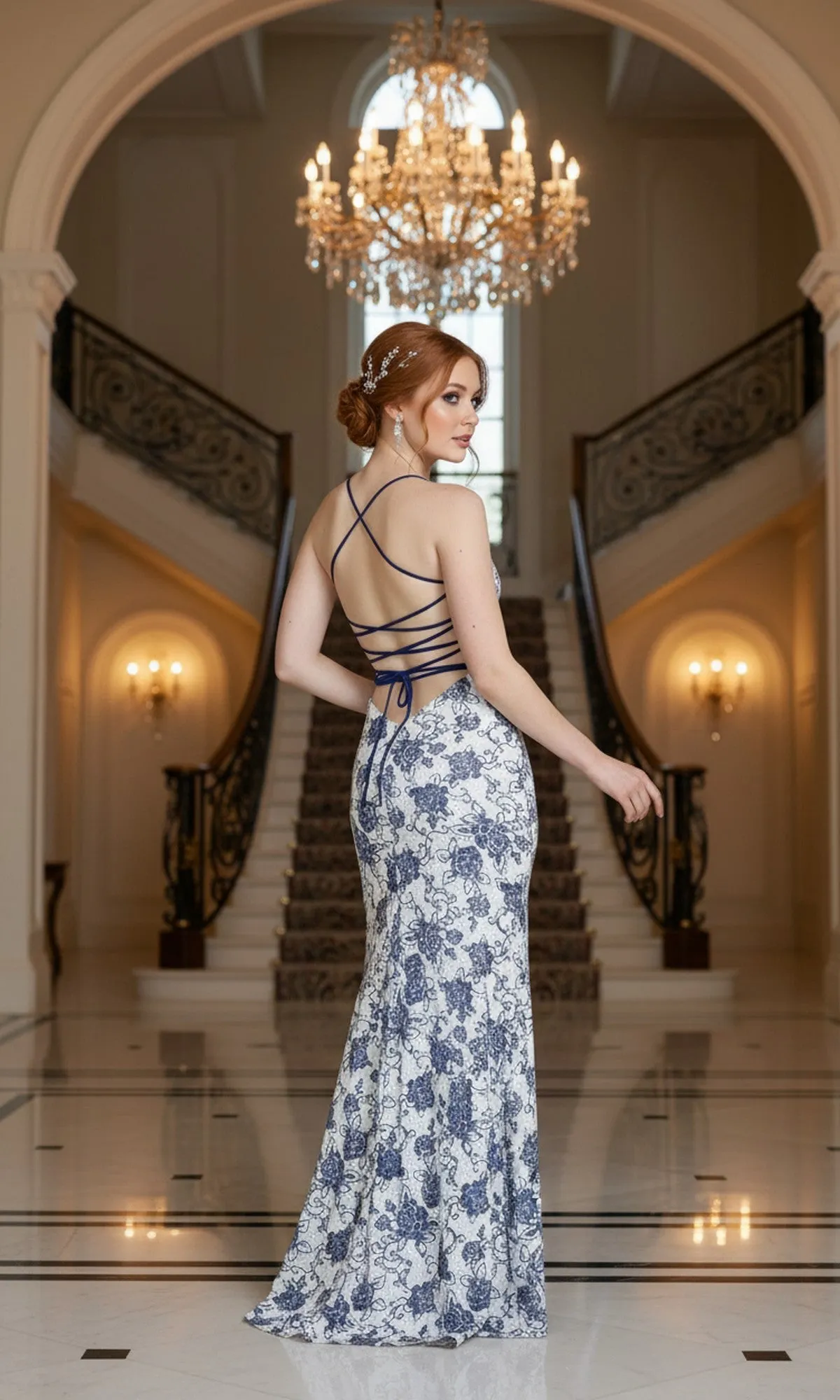Blue-Floral Long White Prom Dress: Morgan 14134 sold by PromGirl product image thumbnail 2