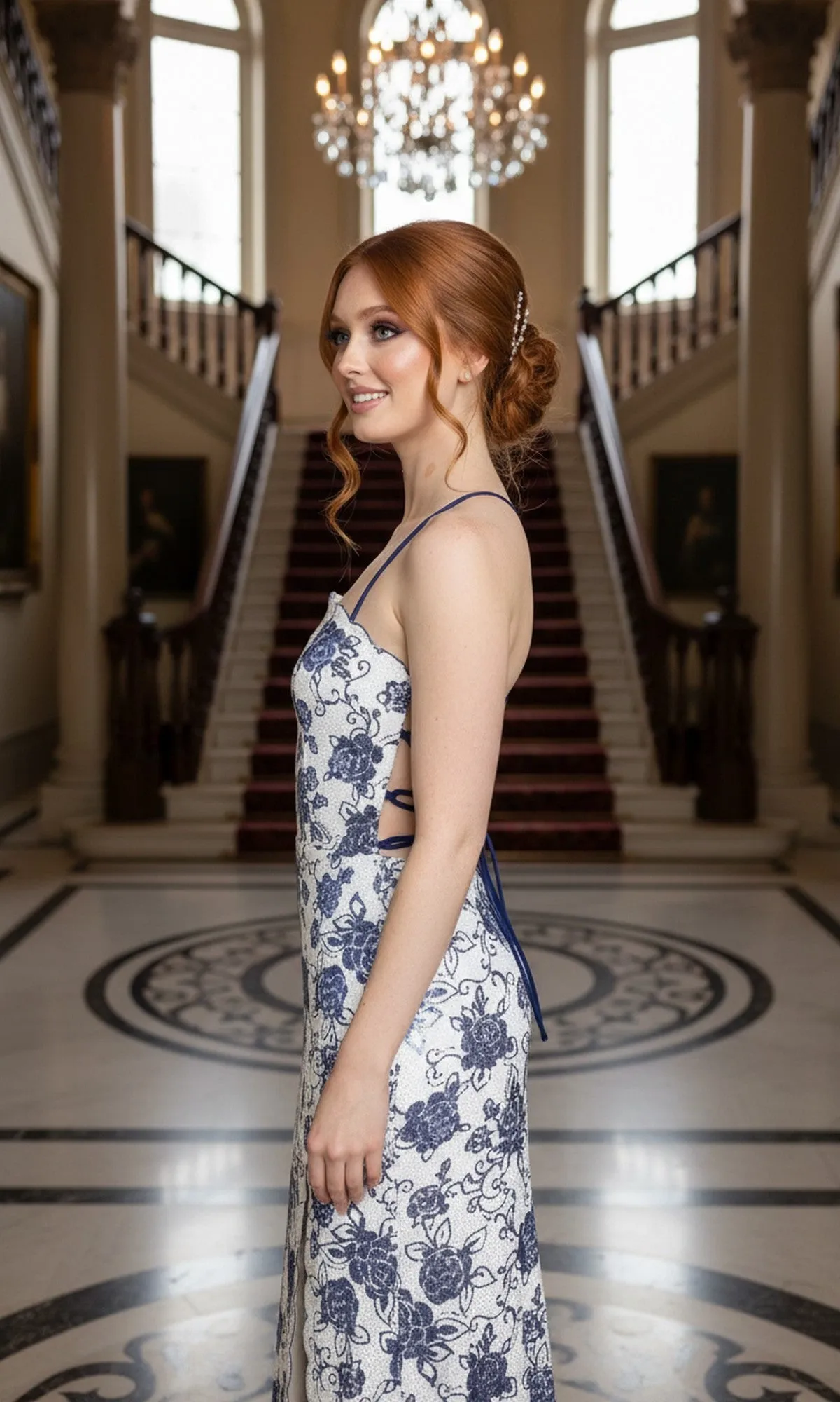 Blue-Floral Long White Prom Dress: Morgan 14134 sold by PromGirl product image thumbnail 4