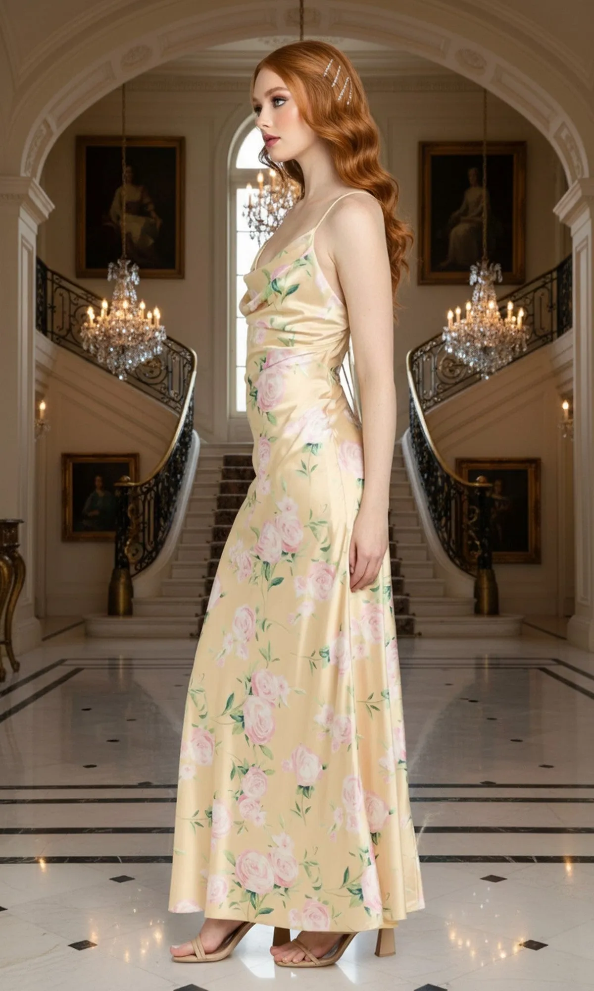 Long Yellow Floral-Print Prom Dress: Morgan 14175 sold by PromGirl product image thumbnail 4