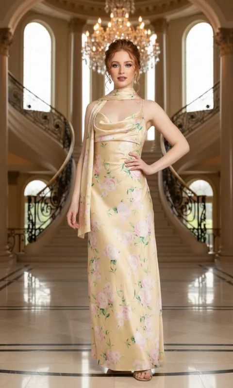 Long Yellow Floral-Print Prom Dress: Morgan 14175 made by Morgan & Co.