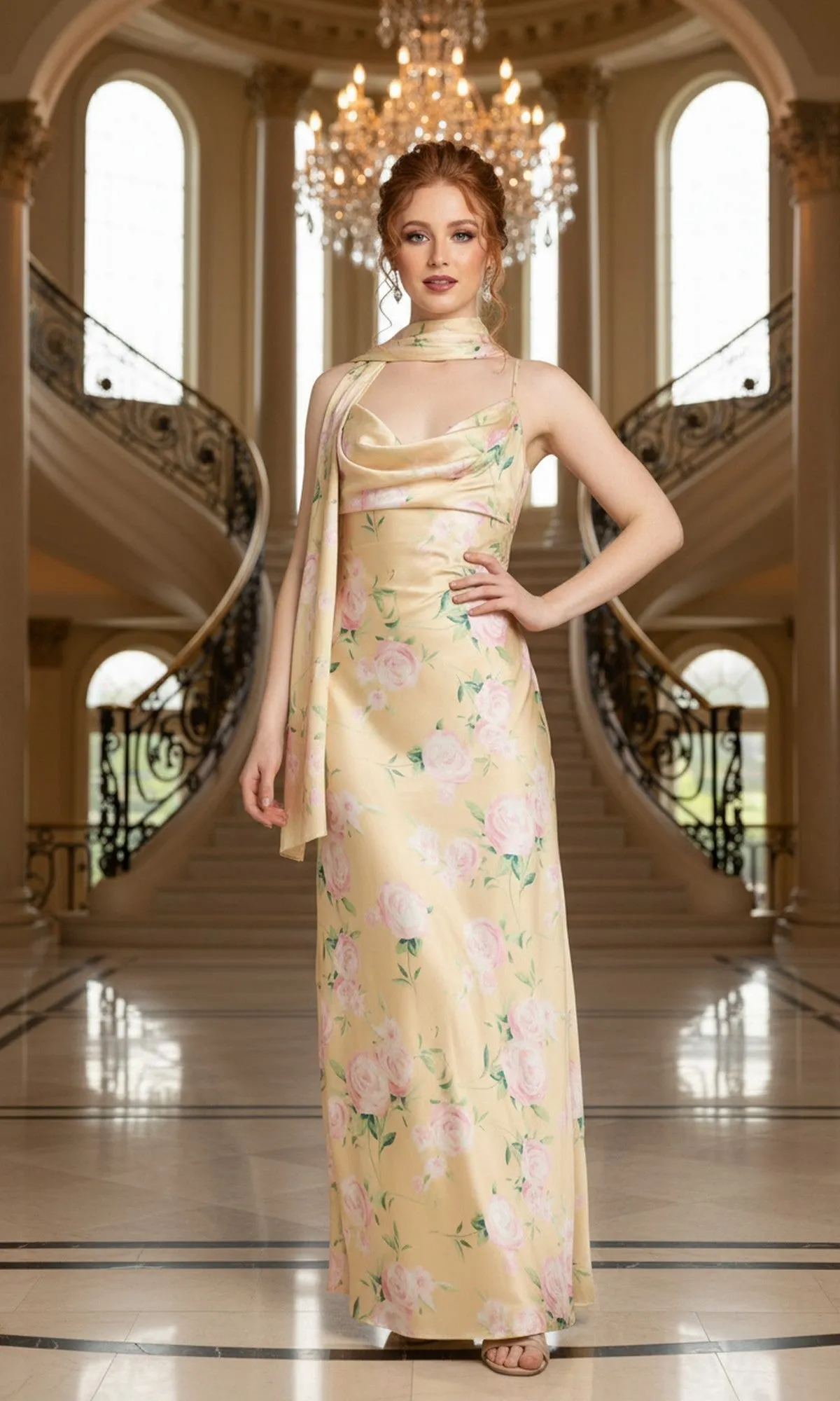 Long Yellow Floral-Print Prom Dress: Morgan 14175 sold by PromGirl