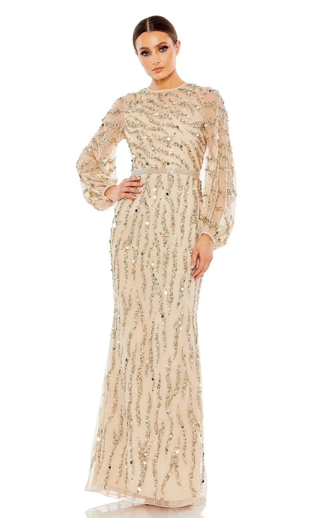 Long Sleeve Gold Formal Dress: Mac Duggal 93789 sold by PromGirl