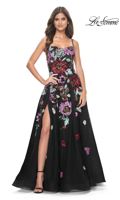 La Femme Sequin-Floral Long Prom Dress 32019 sold by PromGirl