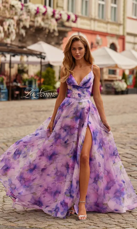 Long Print Chiffon Prom Ball Gown: La Femme 33606 made by La Femme