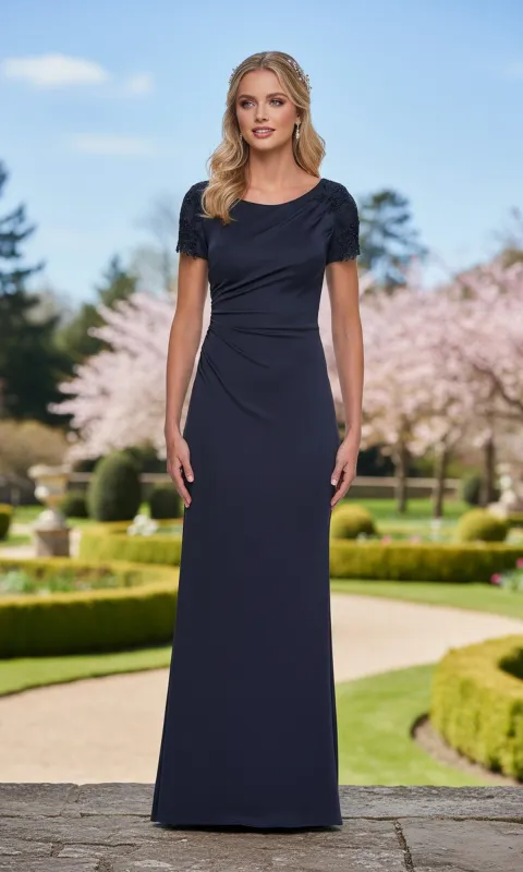 Short Sleeve Long Navy Formal Gown: La Femme 33693 made by La Femme