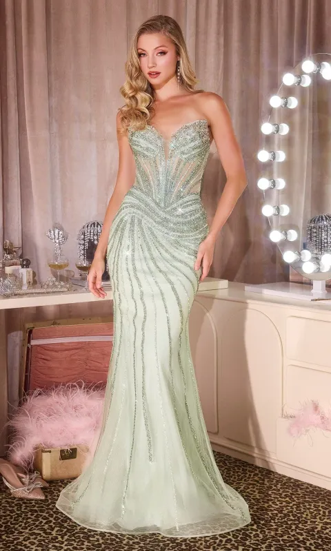 Lace-Up Strapless Beaded Prom Gown: Ladivine CD660 made by PromGirl