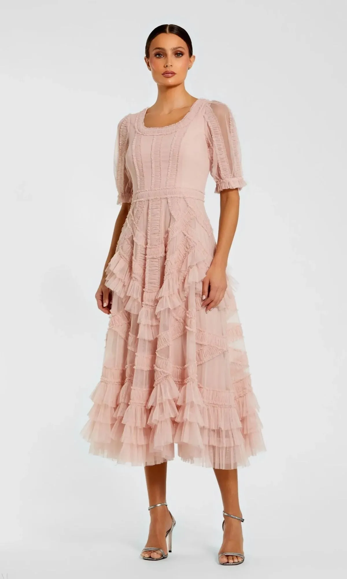 Ruffled Midi Wedding Guest Dress; Mac Duggal 8248 sold by PromGirl product image thumbnail 5