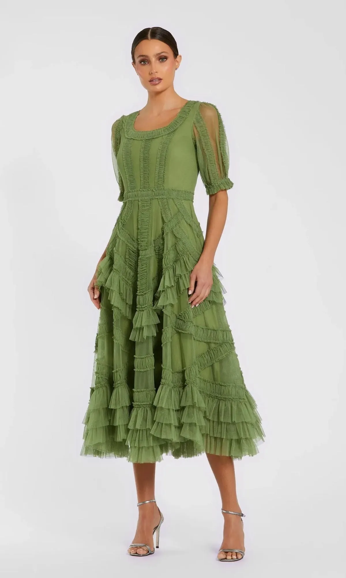 Ruffled Midi Wedding Guest Dress; Mac Duggal 8248 sold by PromGirl product image thumbnail 4