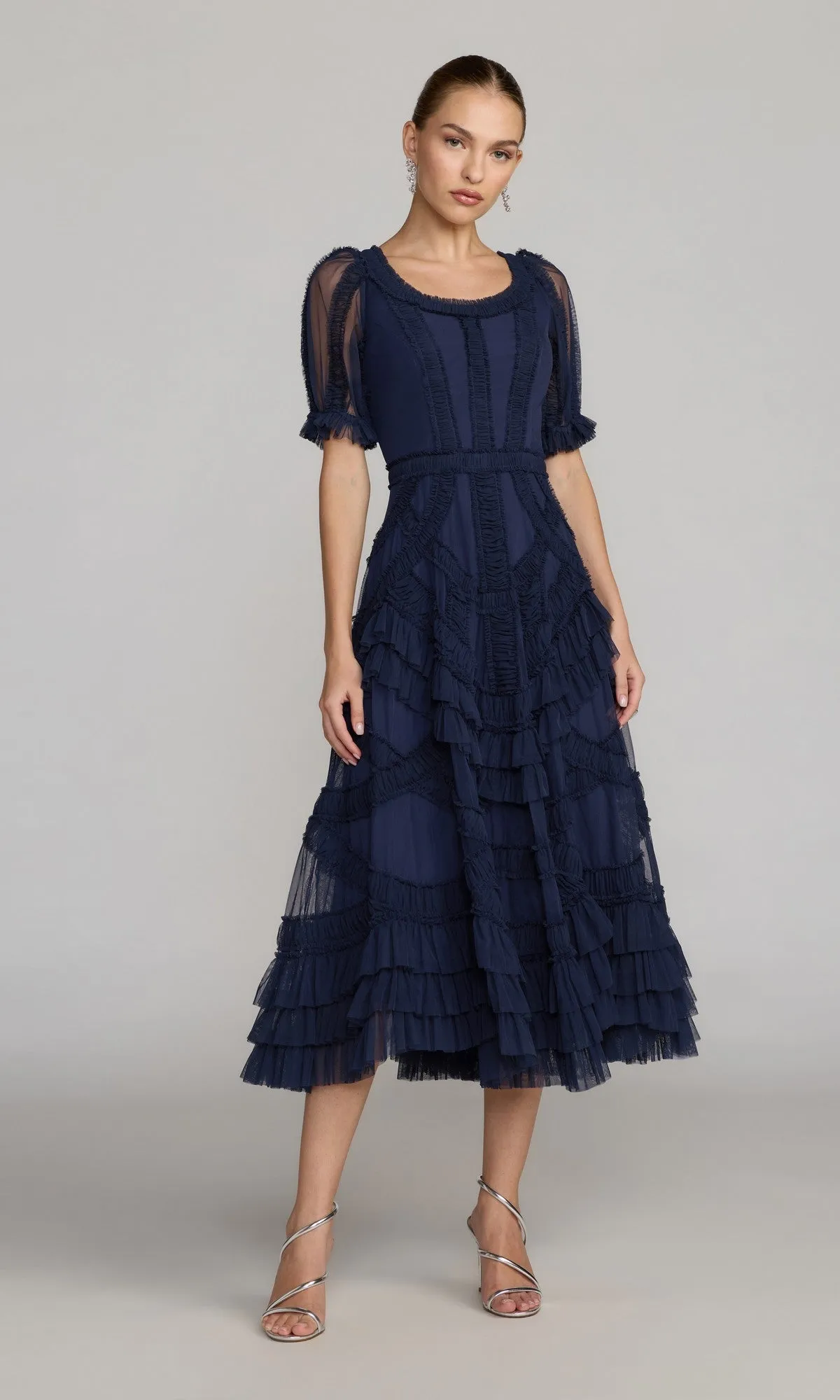 Ruffled Midi Wedding Guest Dress; Mac Duggal 8248 sold by PromGirl