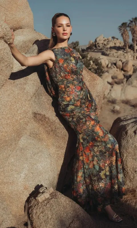 Cowl-Back Floral Formal Gown: Mac Duggal 94263 made by Mac Duggal
