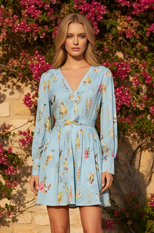 Long-Sleeve Sky Blue Floral Summer Dress: Paige made by PromGirl