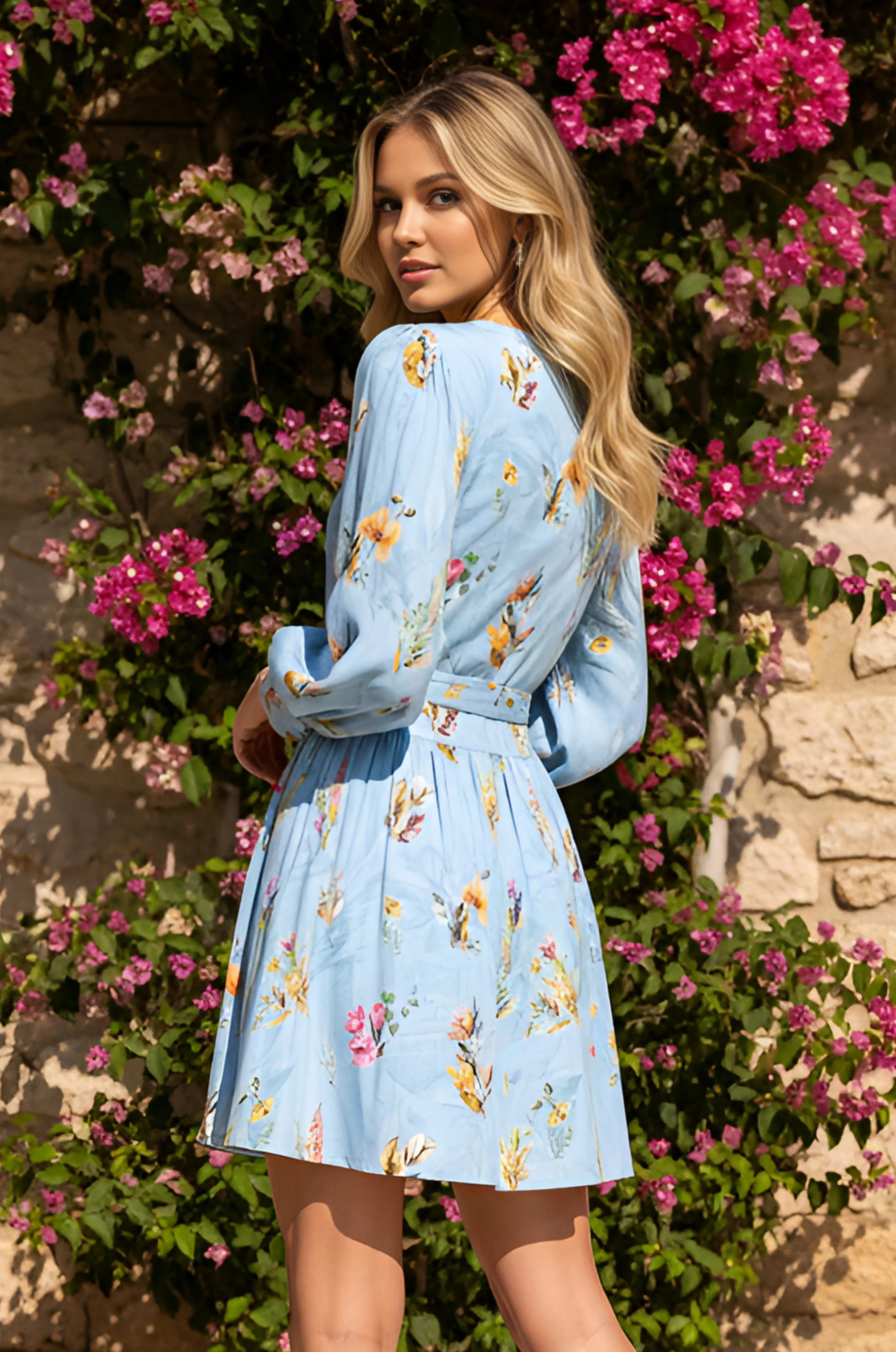 Long-Sleeve Sky Blue Floral Summer Dress: Paige sold by PromGirl product image thumbnail 2