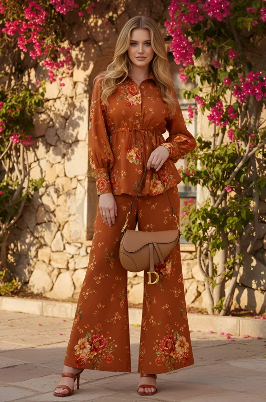 Floral-Print Matching Blouse and Pants Set: Parker made by PromGirl