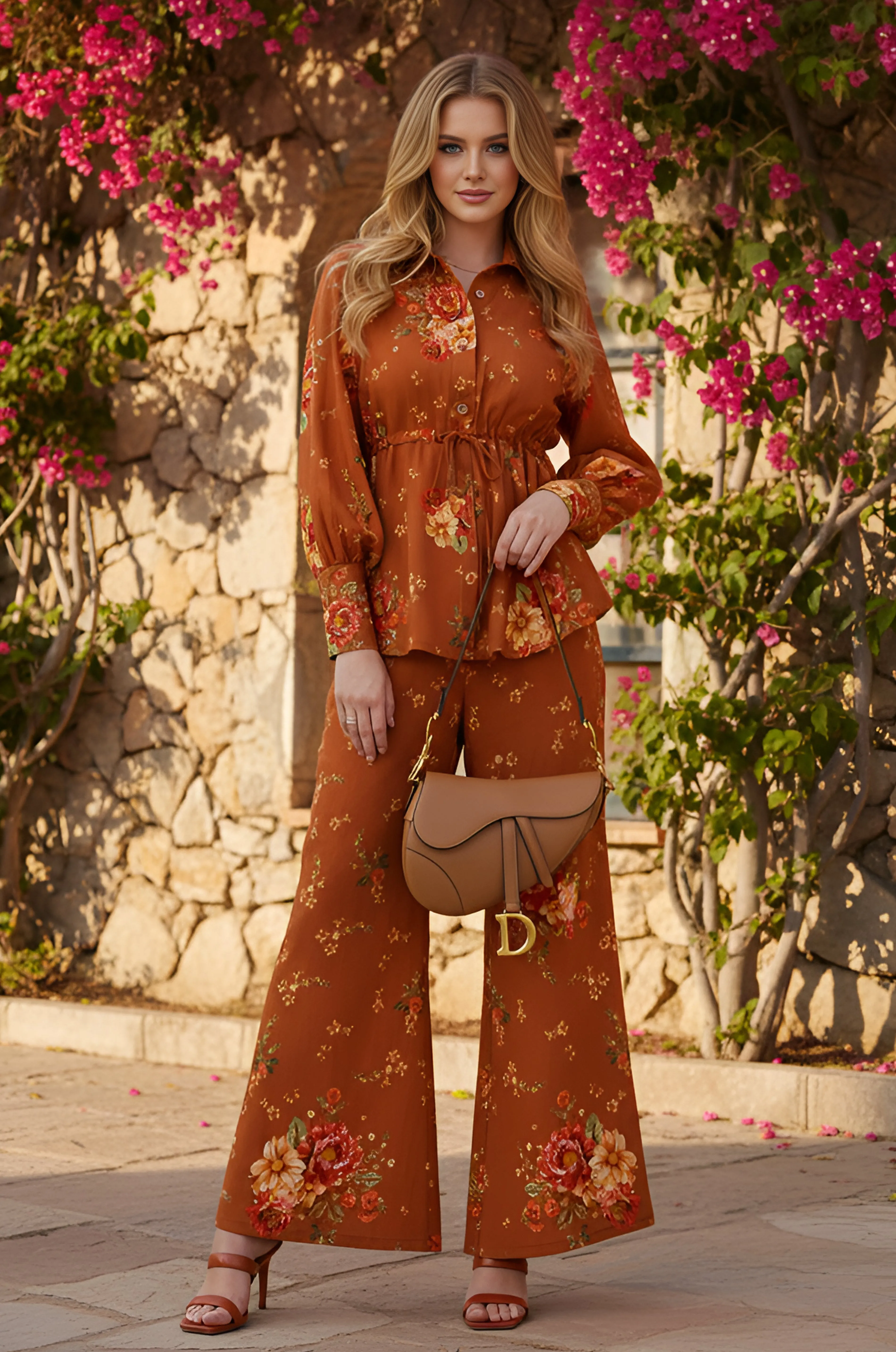 Floral-Print Matching Blouse and Pants Set: Parker sold by PromGirl