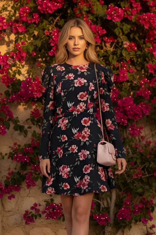 Long Sleeve Short Floral Semi-Formal Dress: Harper made by PromGirl