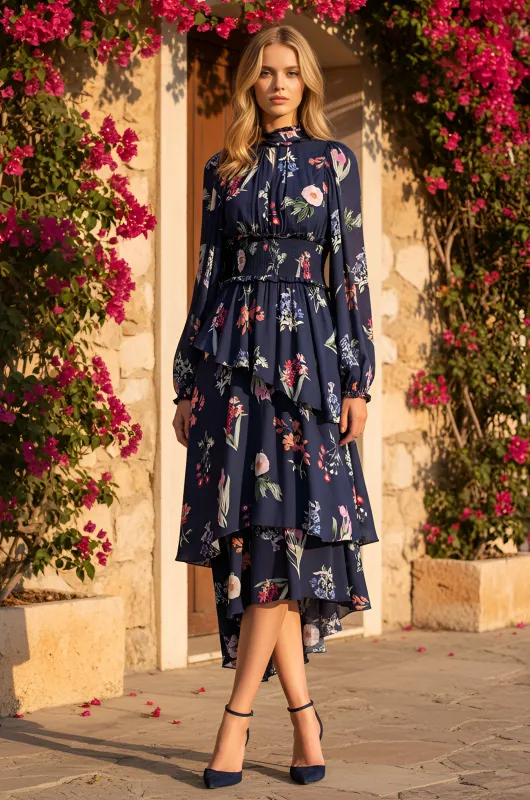 Long Sleeve Blue Print Midi Casual Dress: Emery made by PromGirl