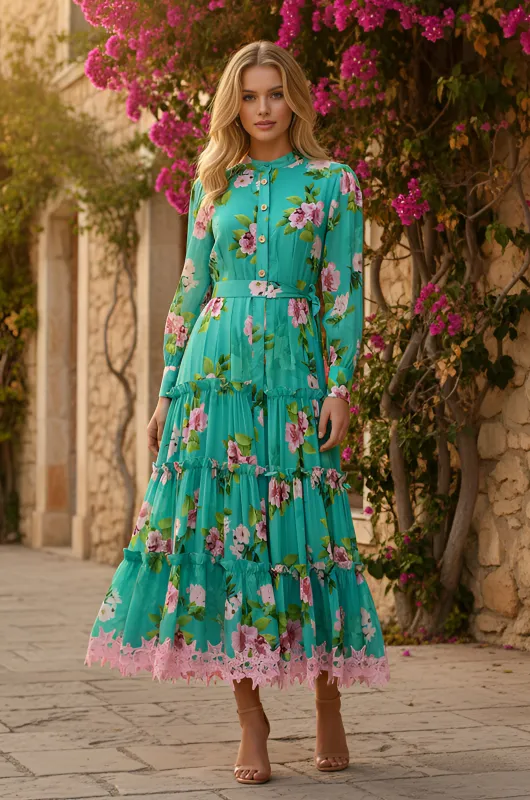 Long Sleeve Teal Print Midi Party Dress: Hazel made by PromGirl
