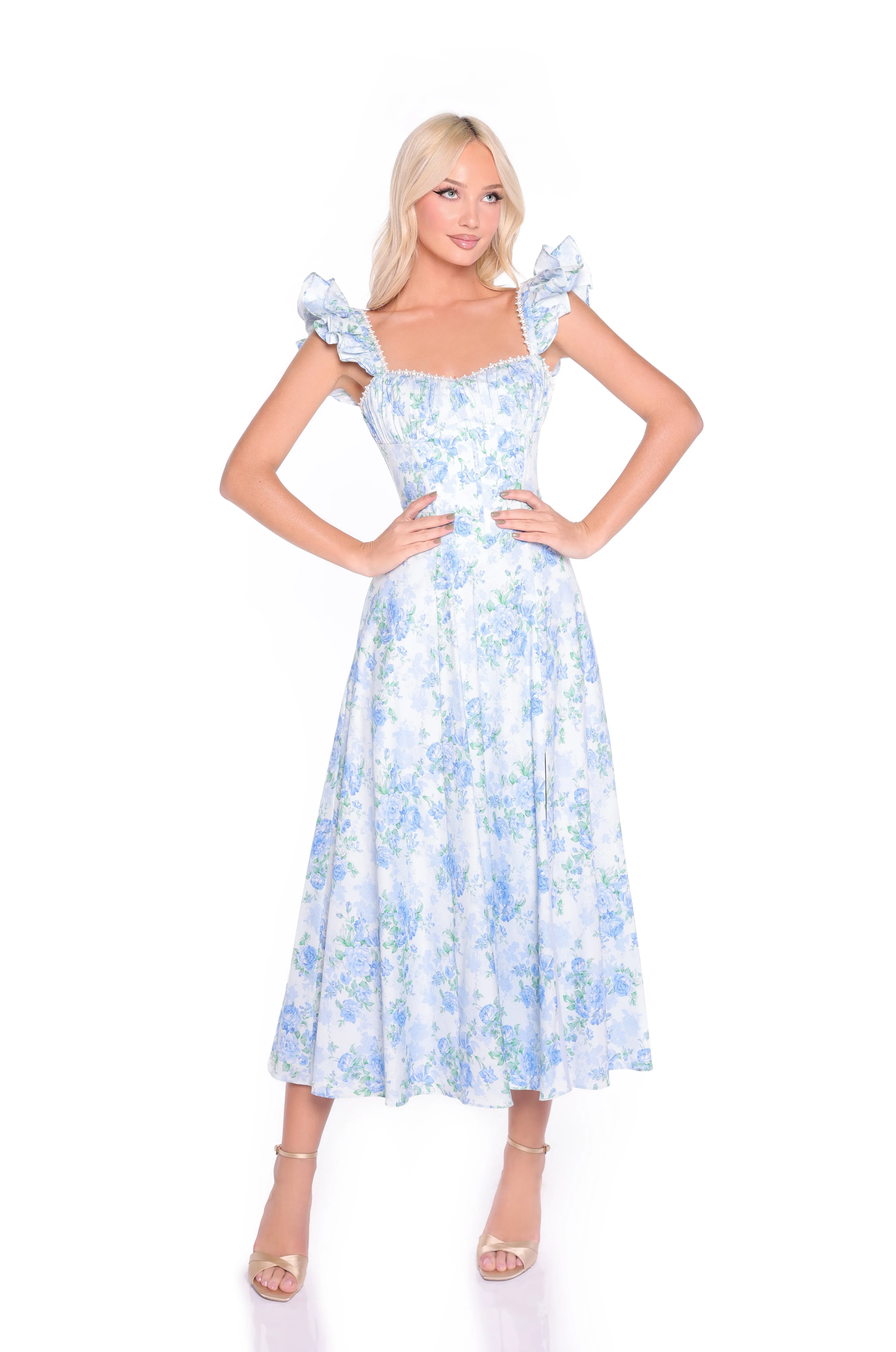 Cap Sleeve Blue Floral Midi Casual Dress: Carmen sold by PromGirl product image thumbnail 3