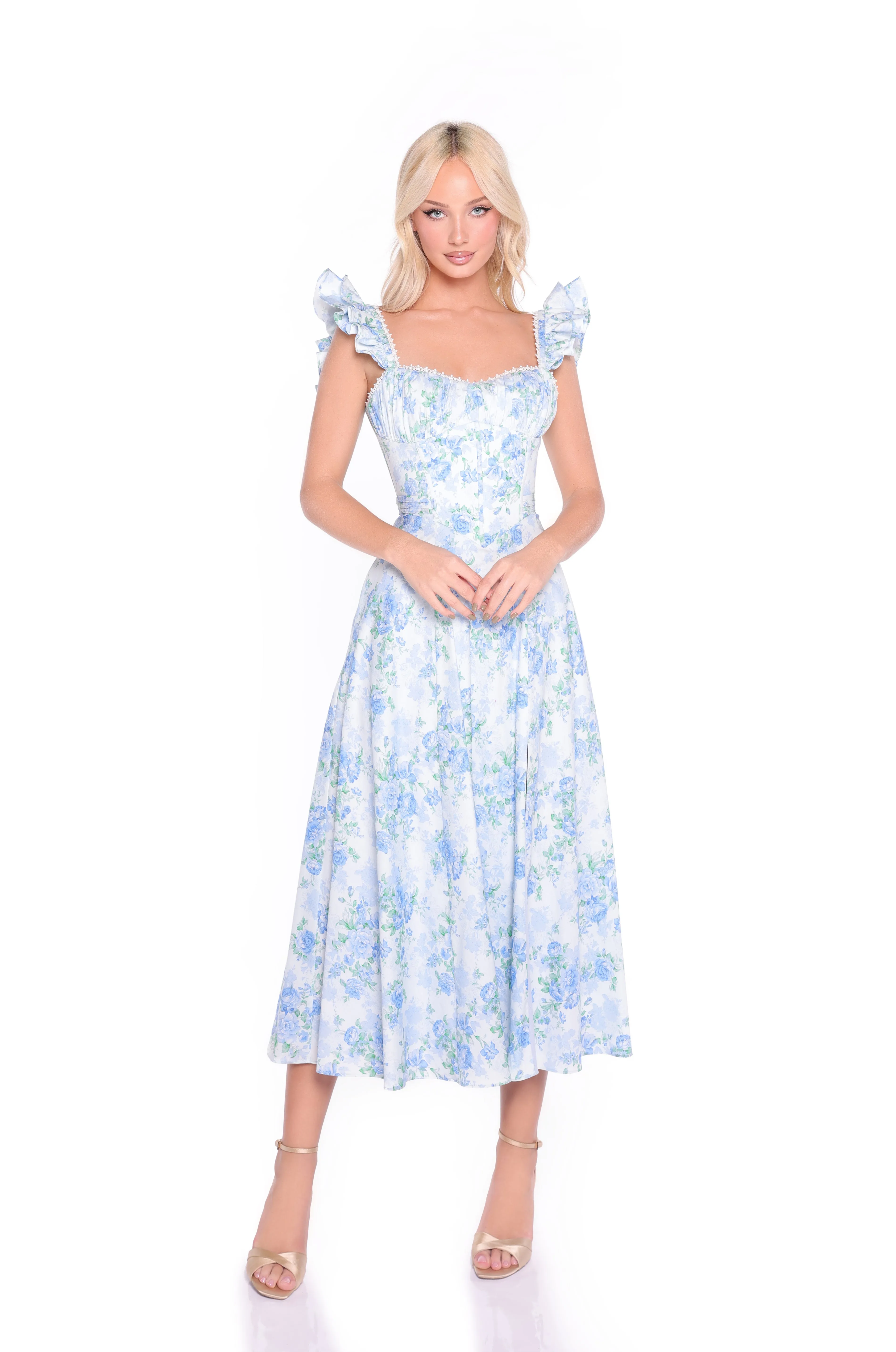 Cap Sleeve Blue Floral Midi Casual Dress: Carmen sold by PromGirl product image thumbnail 4
