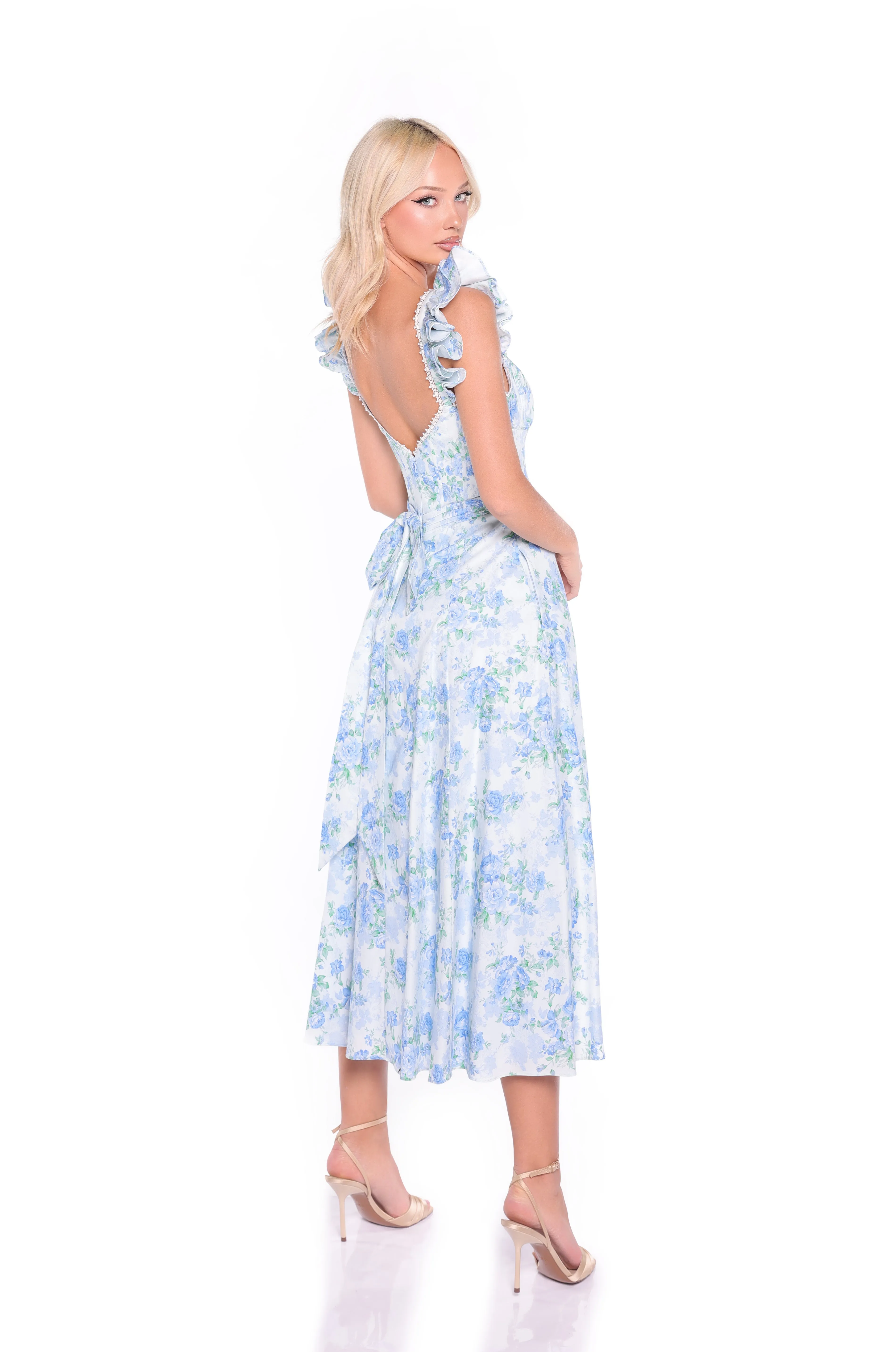 Cap Sleeve Blue Floral Midi Casual Dress: Carmen sold by PromGirl product image thumbnail 5
