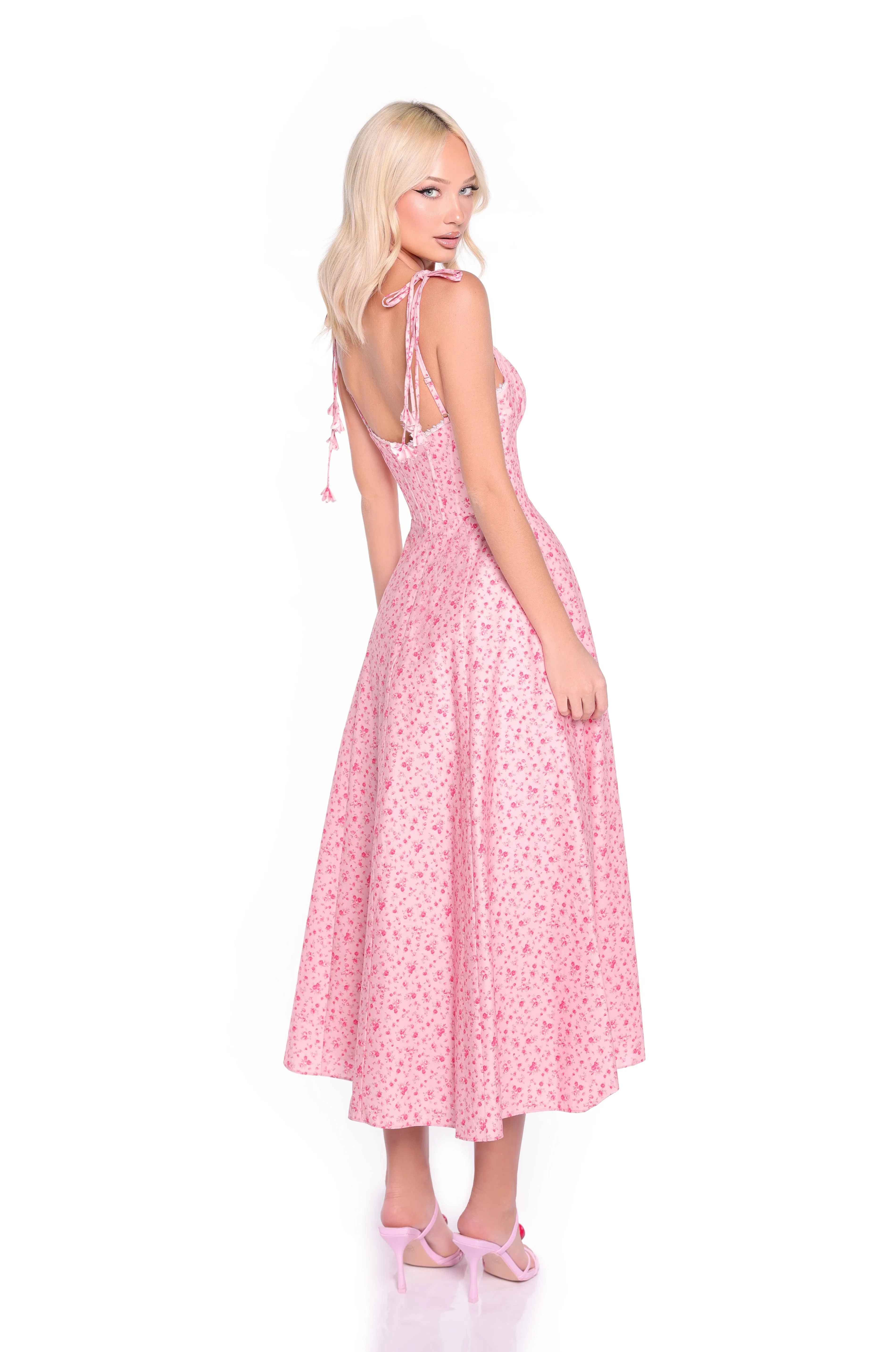 Shoulder-Tie Midi Pink Print Party Dress: Aria sold by PromGirl product image thumbnail 5