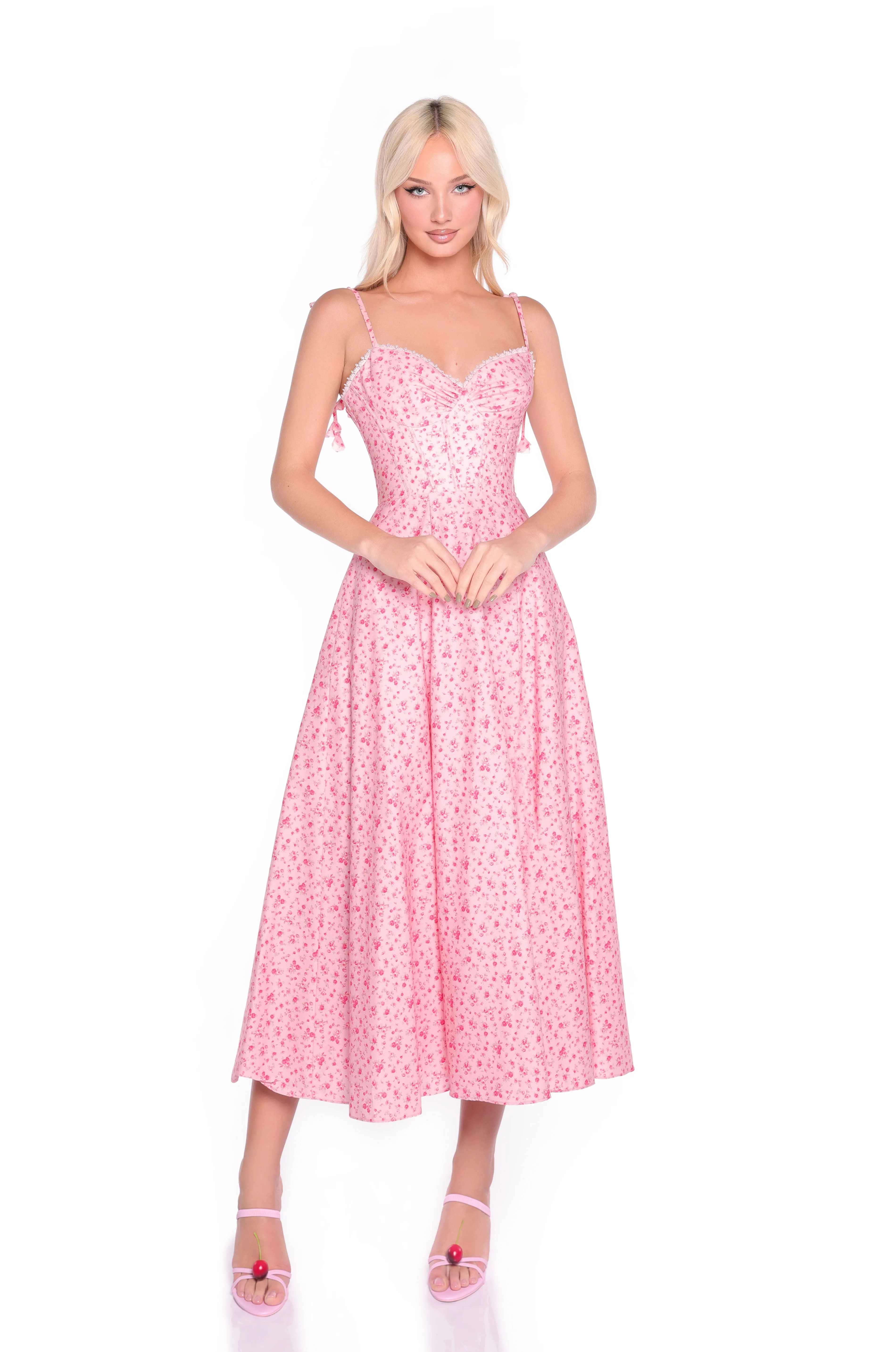 Shoulder-Tie Midi Pink Print Party Dress: Aria sold by PromGirl product image thumbnail 3