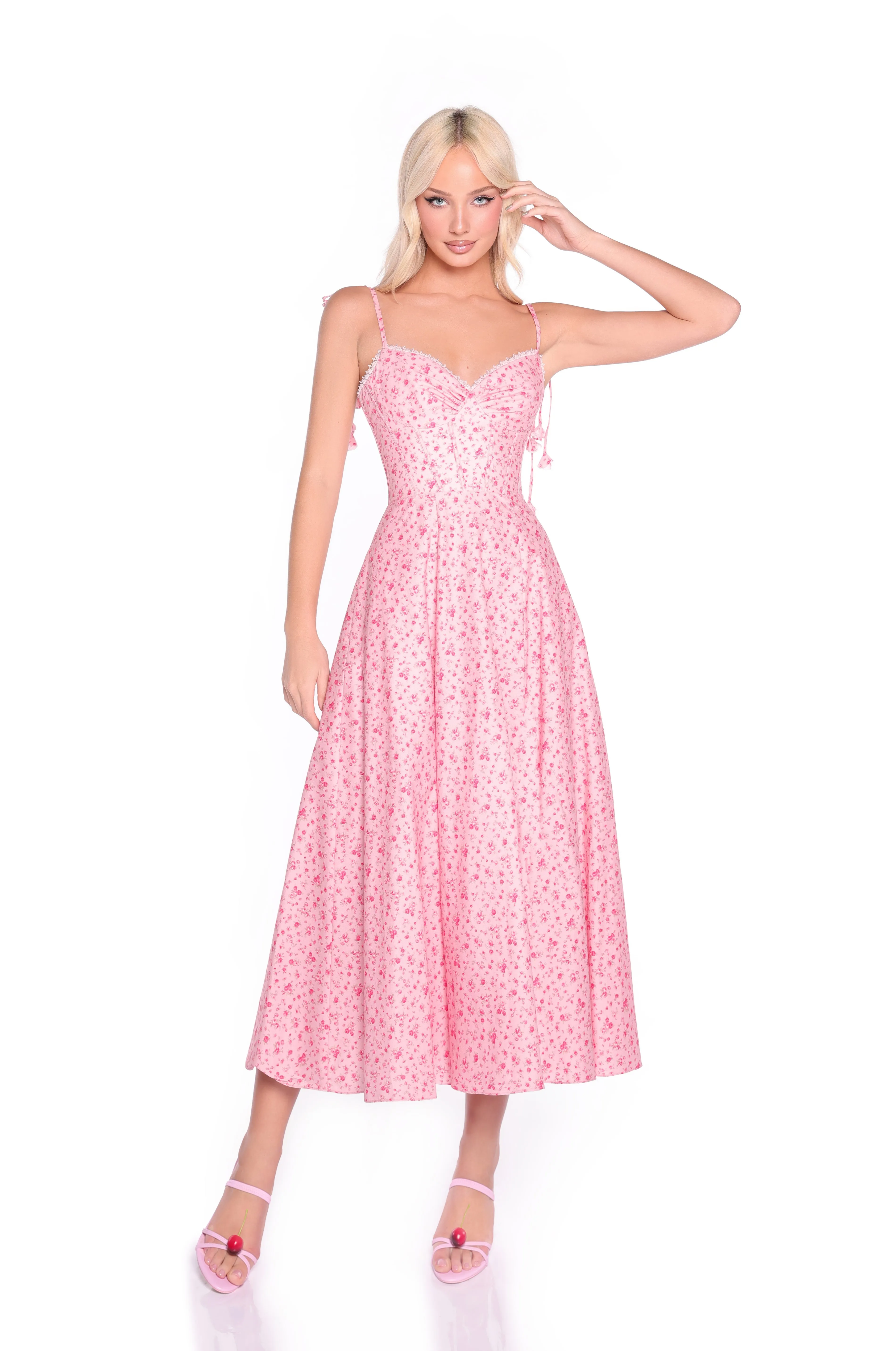 Shoulder-Tie Midi Pink Print Party Dress: Aria sold by PromGirl product image thumbnail 4